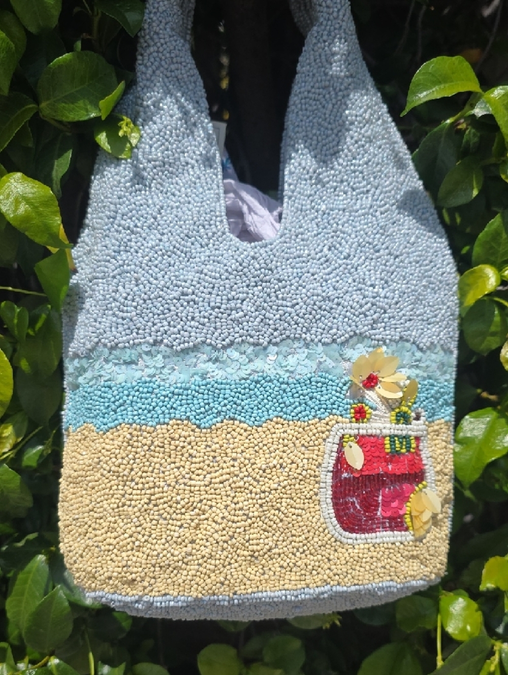 Beaded Beach Scene Tote Bag - Light Blue & Sand - Picture 3 of 5